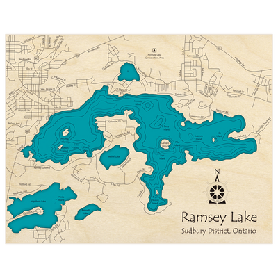 Bathymetric topo map of Ramsey Lake with roads, towns and depths noted in blue water