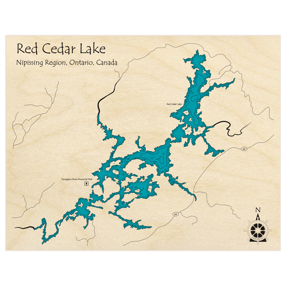 Bathymetric topo map of Red Cedar Lake  with roads, towns and depths noted in blue water