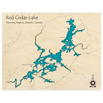 Bathymetric topo map of Red Cedar Lake  with roads, towns and depths noted in blue water