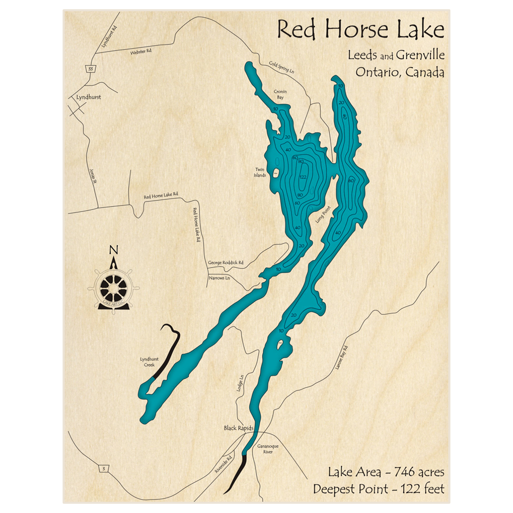 Bathymetric topo map of Red Horse Lake with roads, towns and depths noted in blue water