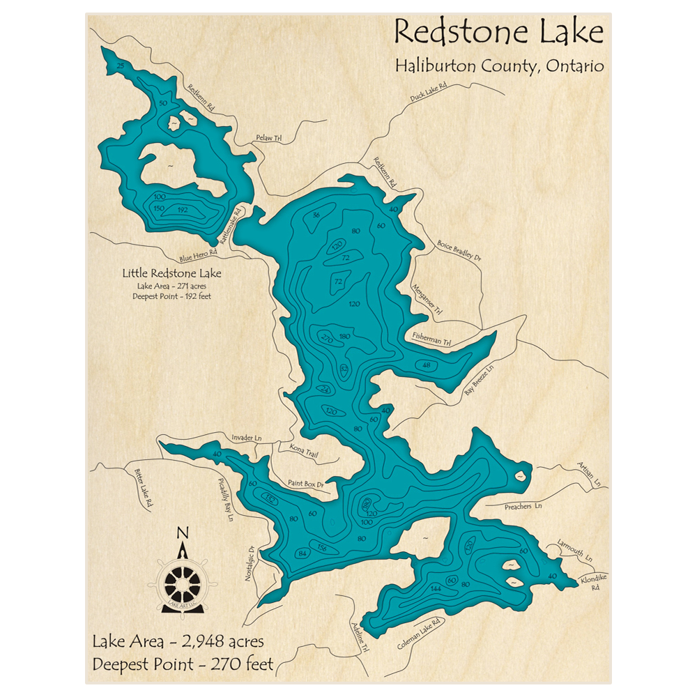 Bathymetric topo map of Redstone Lake with roads, towns and depths noted in blue water
