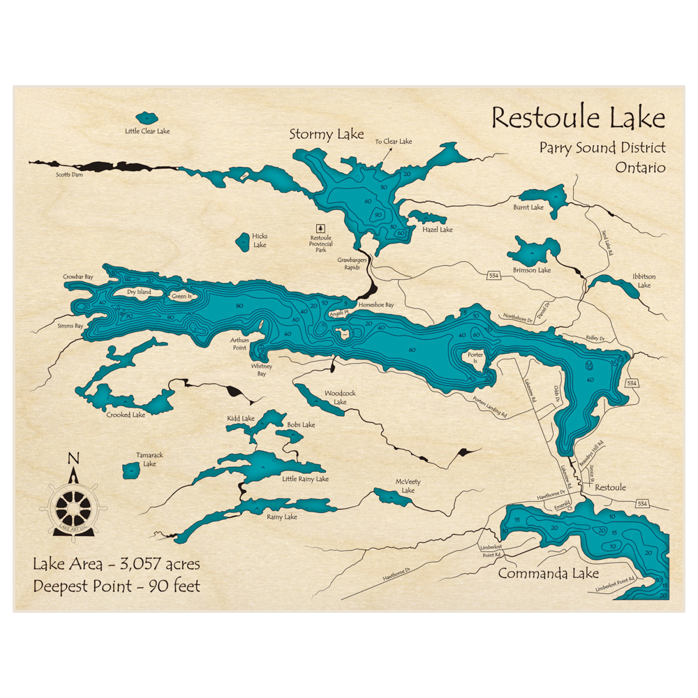 Bathymetric topo map of Restoule Lake with roads, towns and depths noted in blue water