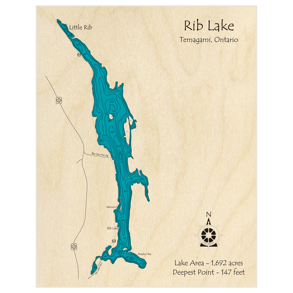 Bathymetric topo map of Rib Lake with roads, towns and depths noted in blue water