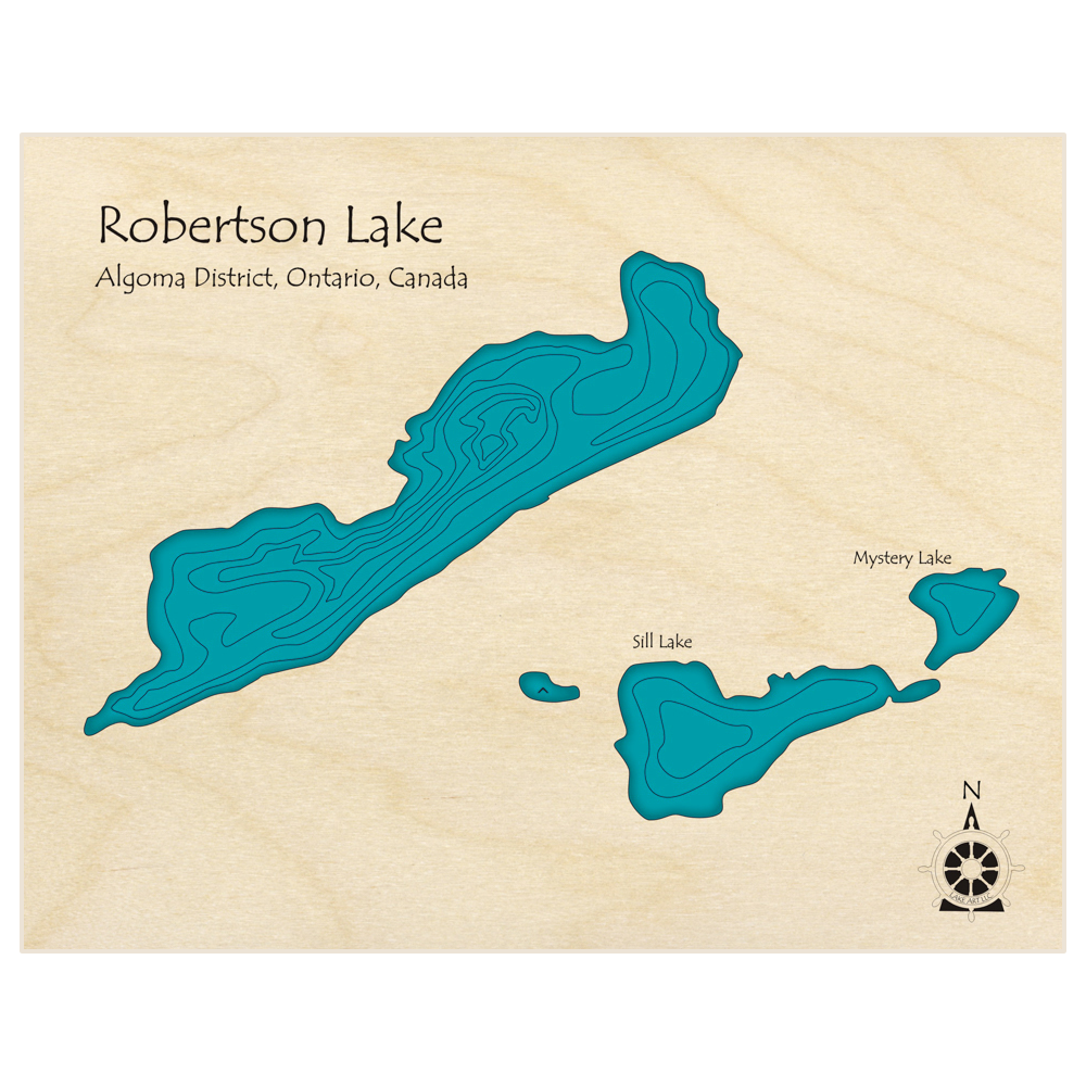 Bathymetric topo map of Robertson Lake (With Sill and Mystery Lakes)  with roads, towns and depths noted in blue water