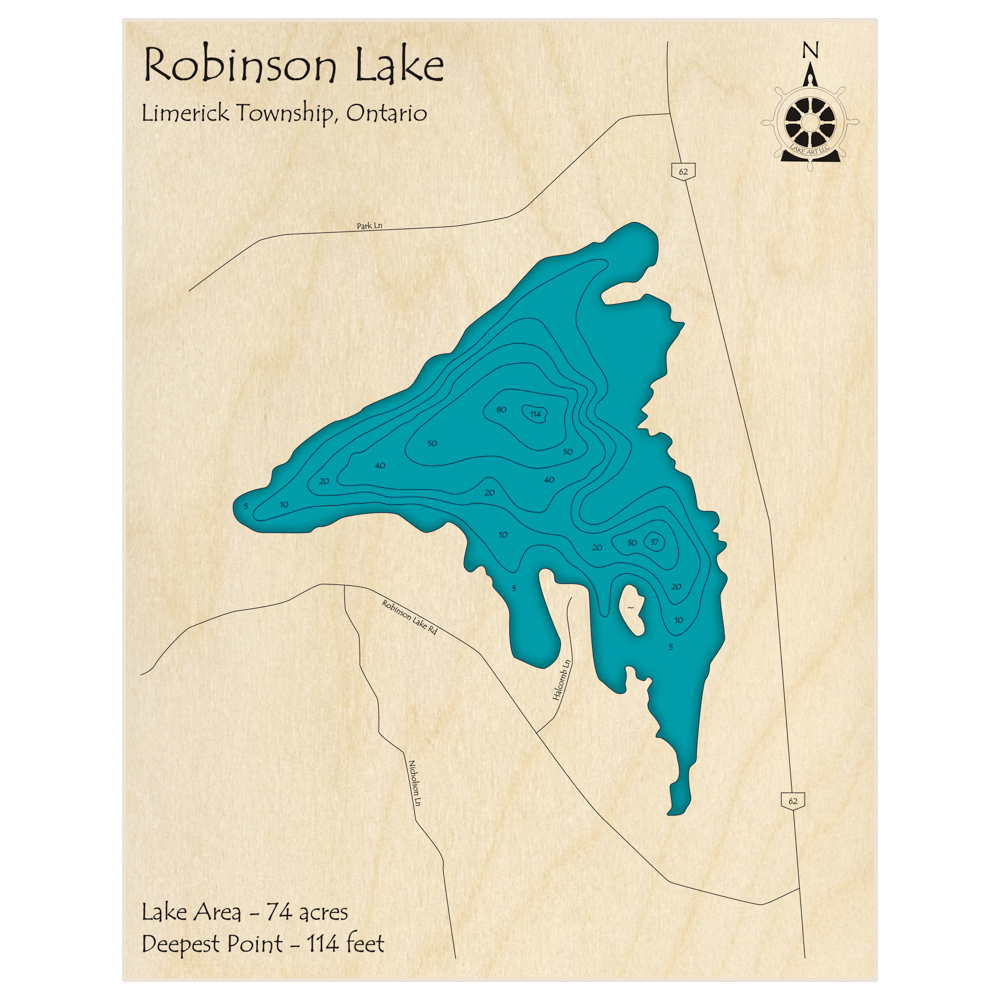 Bathymetric topo map of Robinson Lake with roads, towns and depths noted in blue water