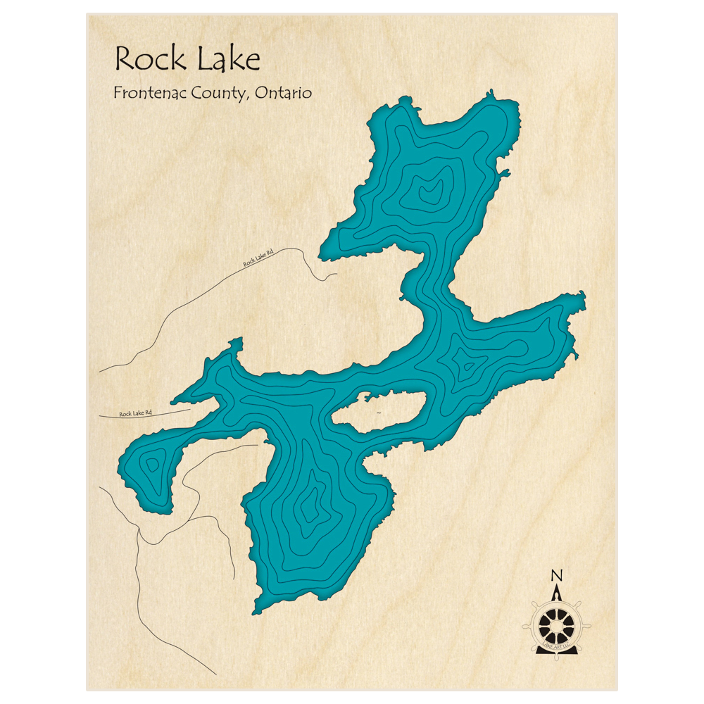Bathymetric topo map of Rock Lake  with roads, towns and depths noted in blue water