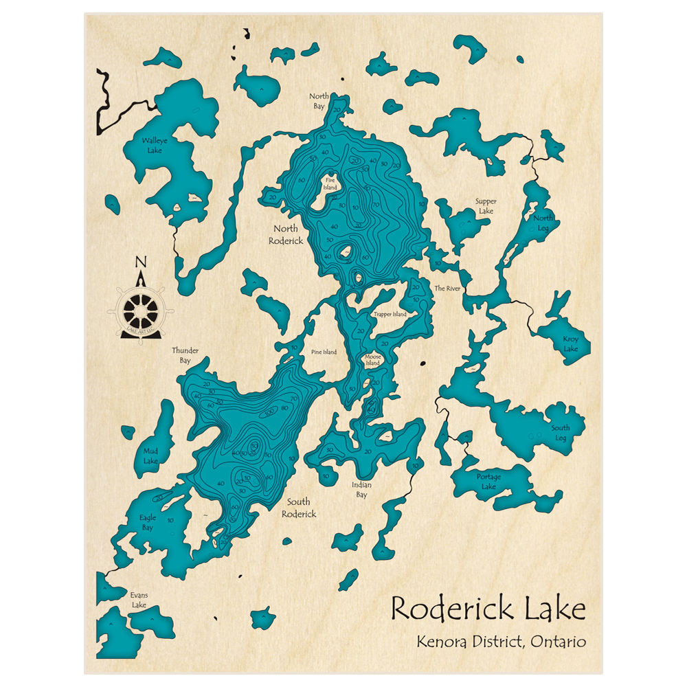 Bathymetric topo map of Roderick Lake with roads, towns and depths noted in blue water