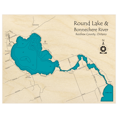 Bathymetric topo map of Round Lake (With Bonnechere River) with roads, towns and depths noted in blue water