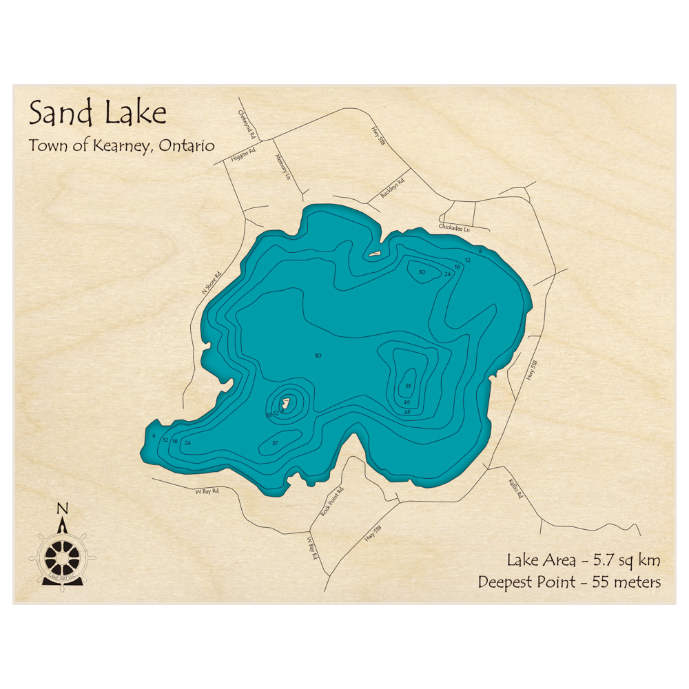 Bathymetric topo map of Sand Lake with roads, towns and depths noted in blue water