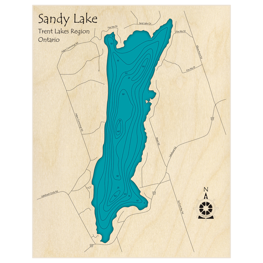 Bathymetric topo map of Sandy Lake with roads, towns and depths noted in blue water