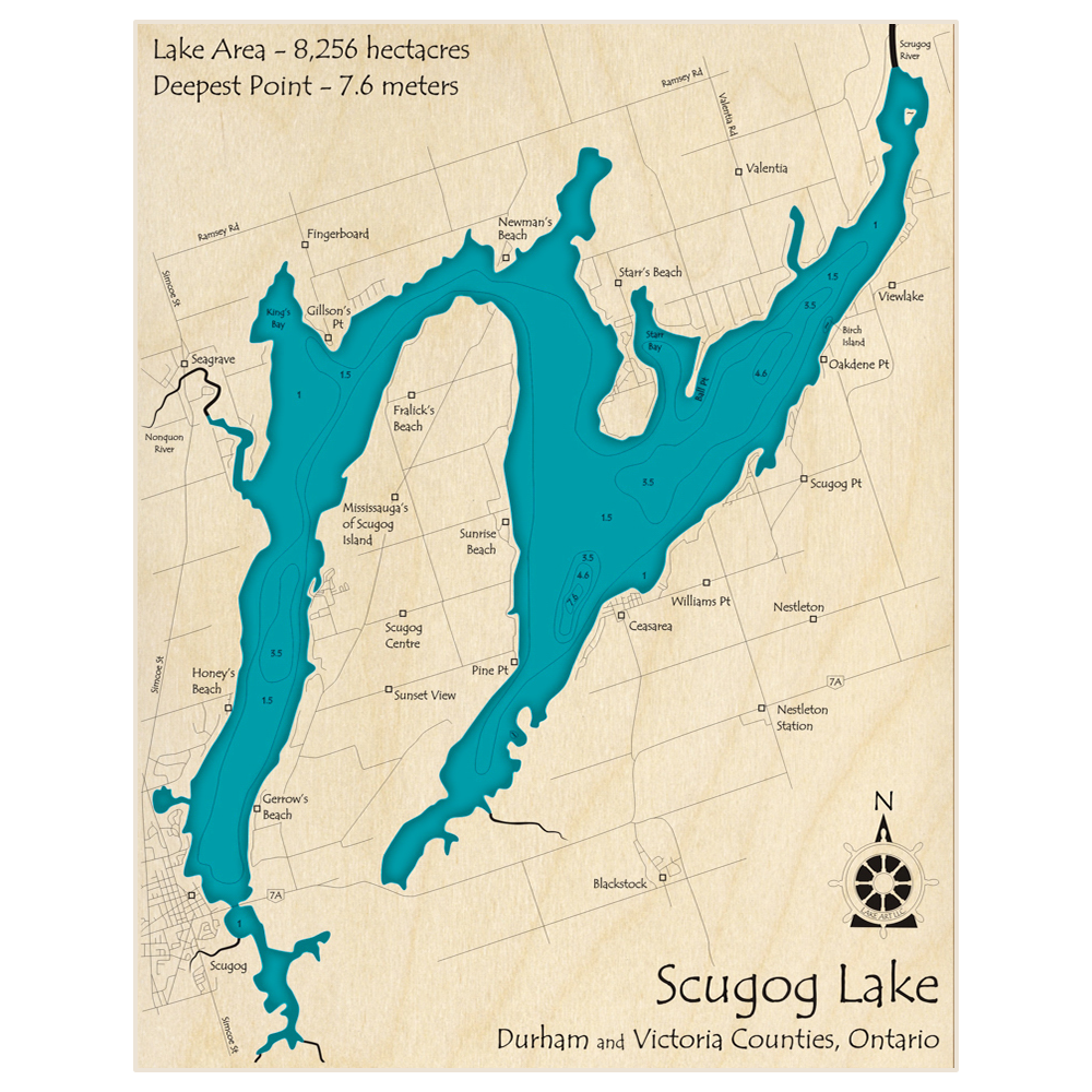 Bathymetric topo map of Scugog Lake with roads, towns and depths noted in blue water