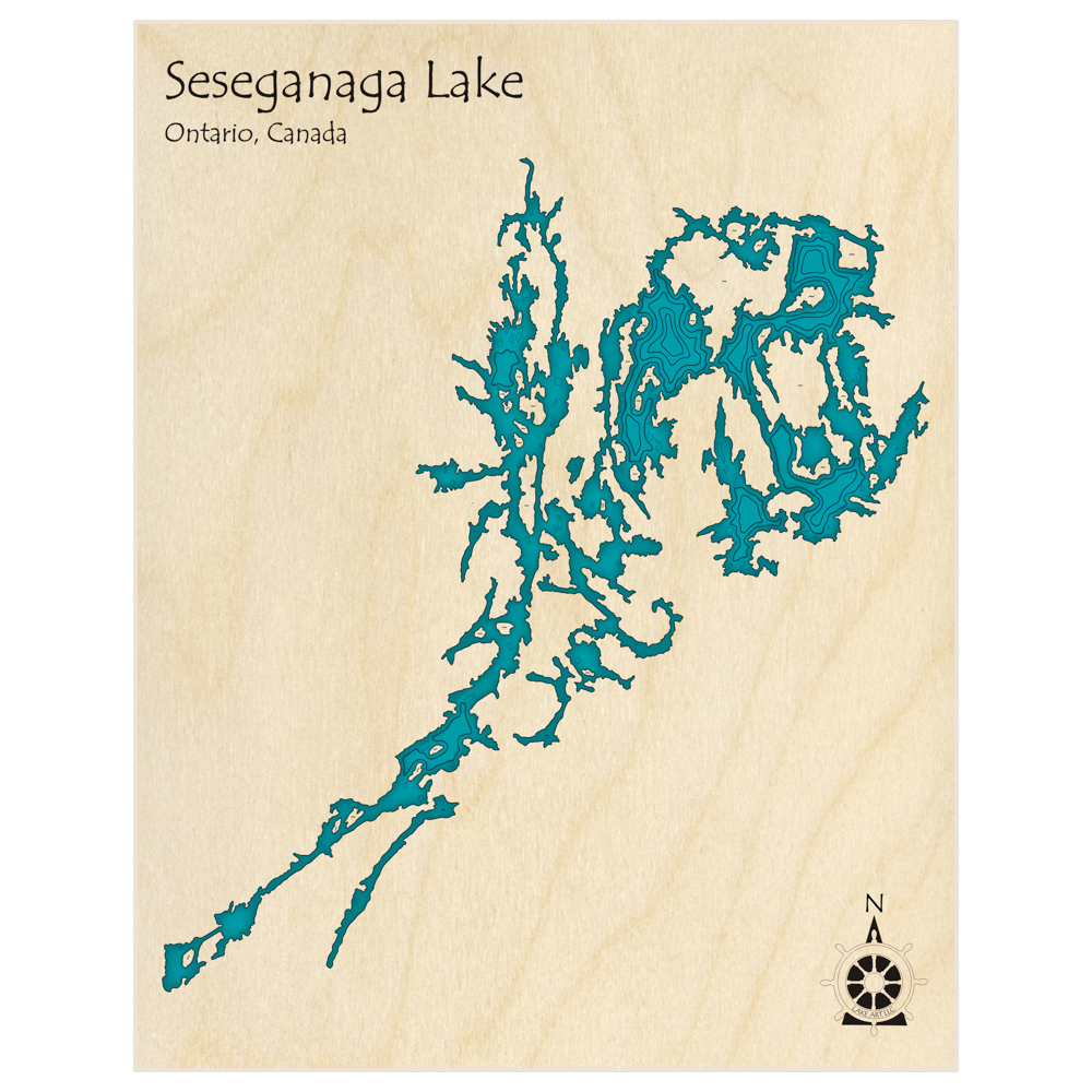Bathymetric topo map of Seseganaga Lake with roads, towns and depths noted in blue water