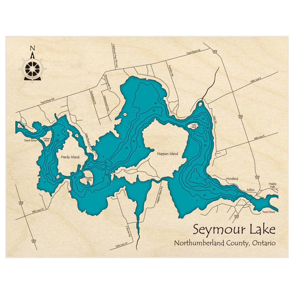 Bathymetric topo map of Seymour Lake with roads, towns and depths noted in blue water