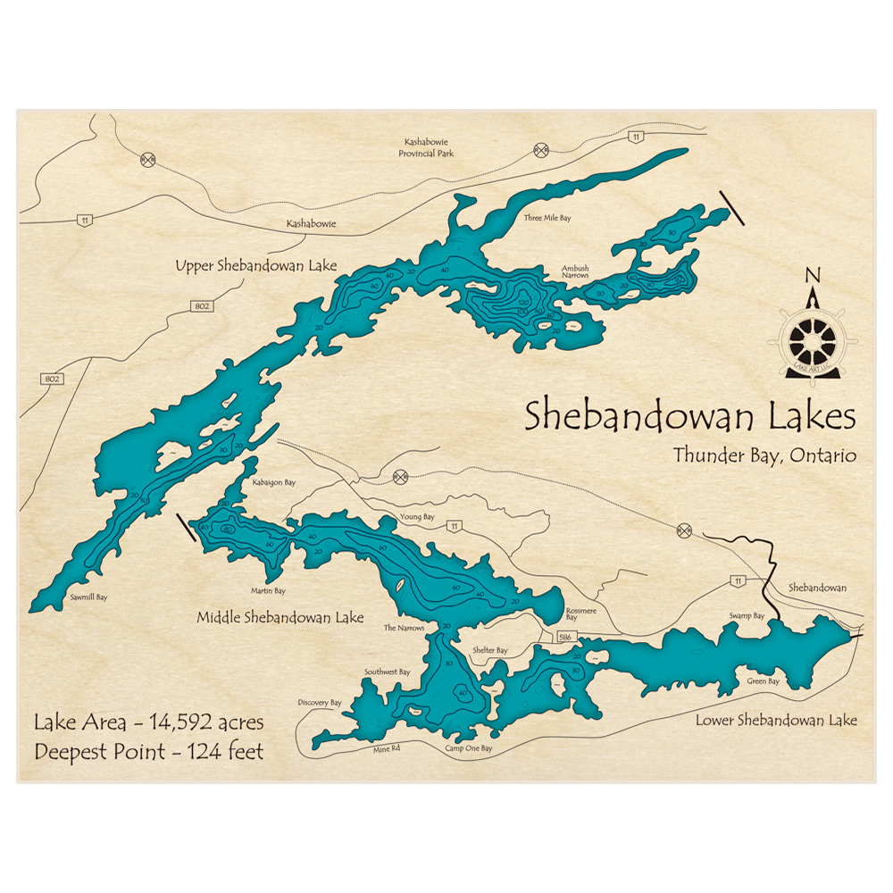Bathymetric topo map of Shebandowan Lakes (SPLIT VIEW) with roads, towns and depths noted in blue water