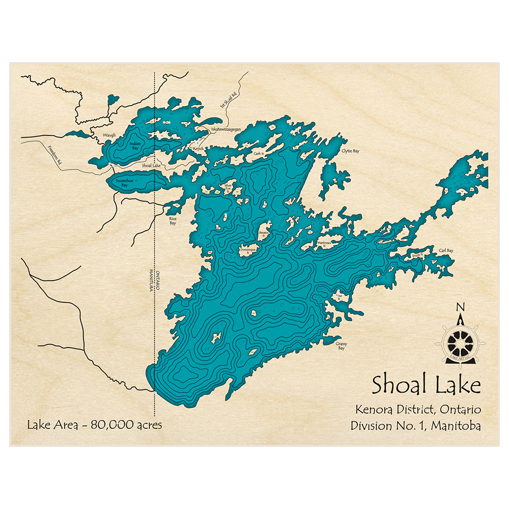 Bathymetric topo map of Lake Shoal with roads, towns and depths noted in blue water