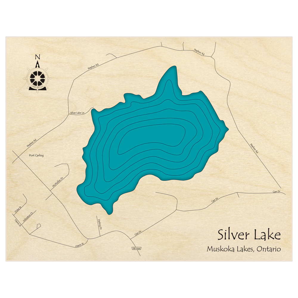Bathymetric topo map of Silver Lake  with roads, towns and depths noted in blue water