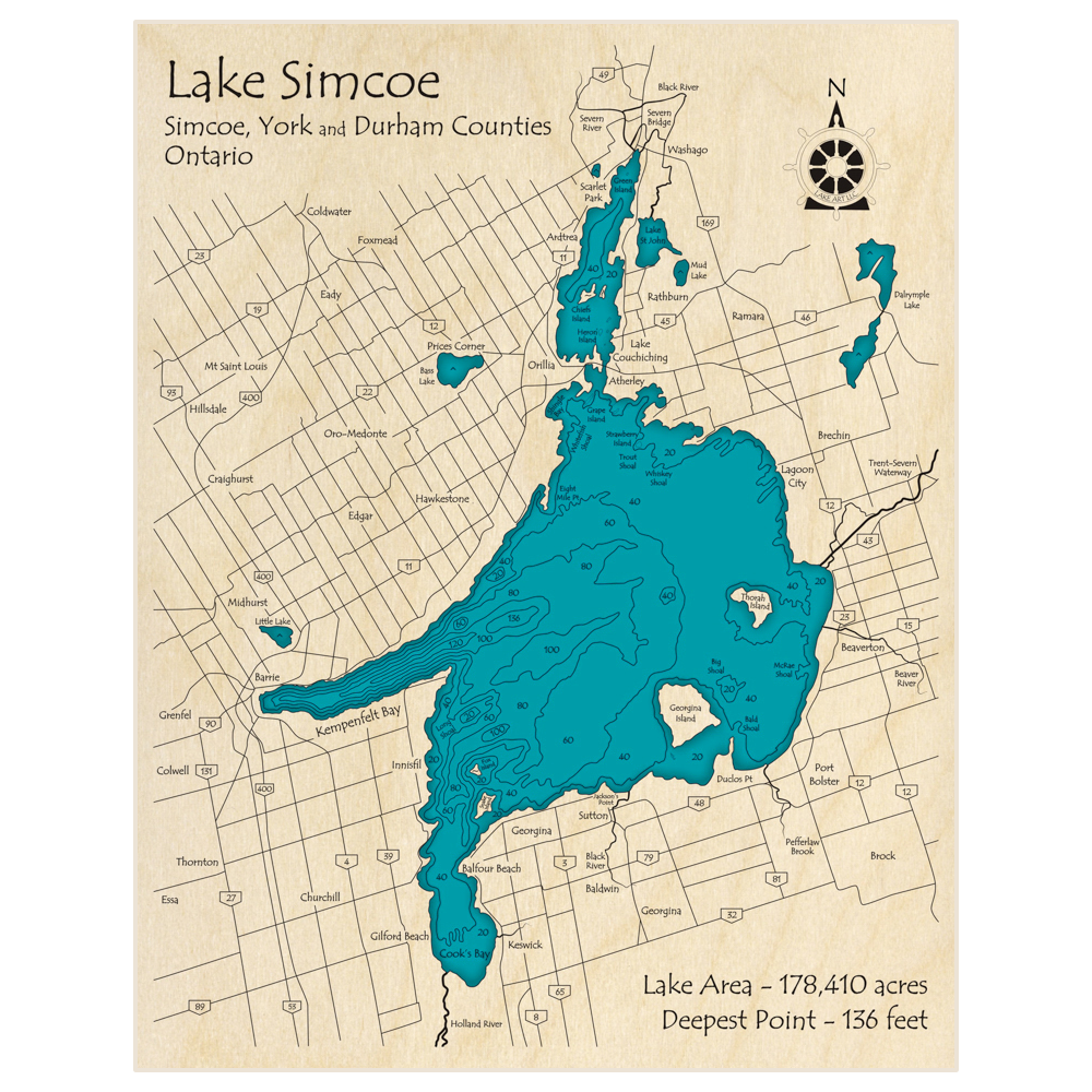 Bathymetric topo map of Lake Simcoe (measurements in feet) with roads, towns and depths noted in blue water