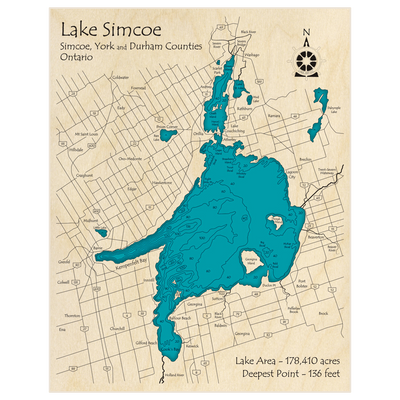 Bathymetric topo map of Lake Simcoe (measurements in feet) with roads, towns and depths noted in blue water