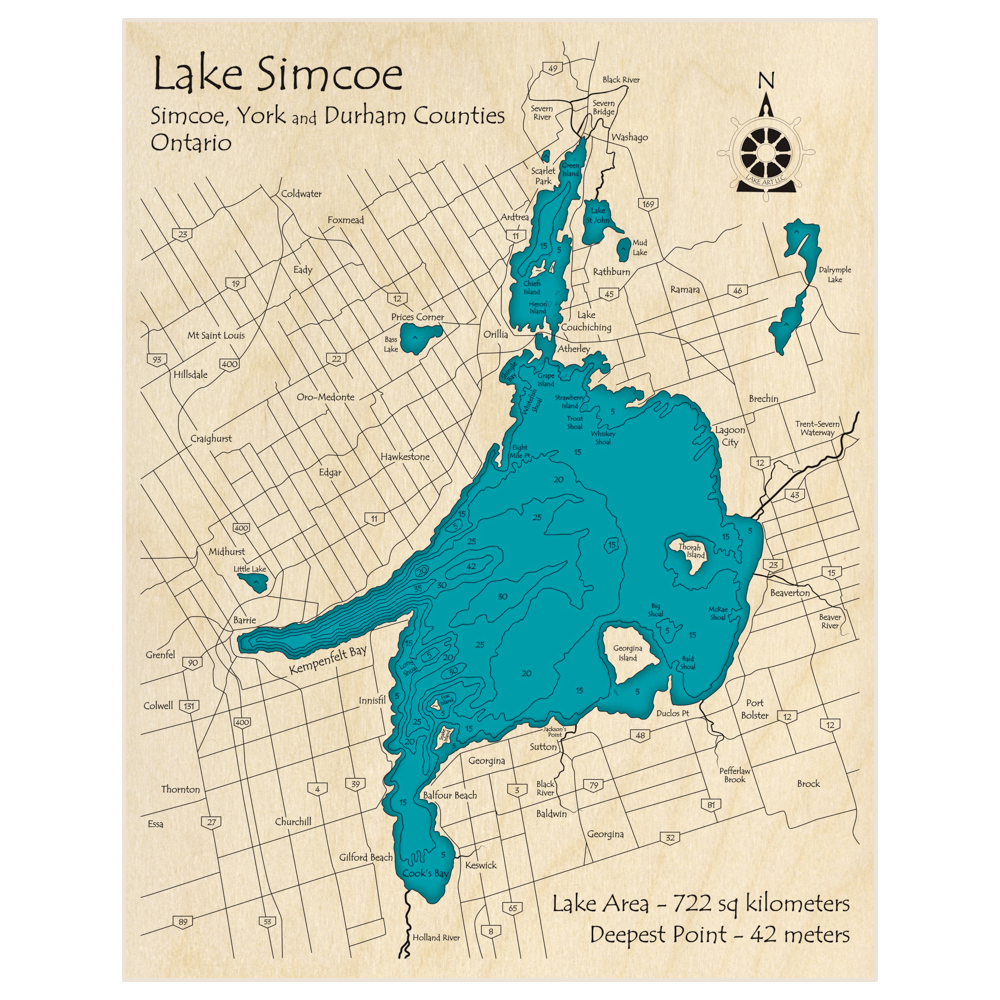 Bathymetric topo map of Lake Simcoe (measurements in meters) with roads, towns and depths noted in blue water