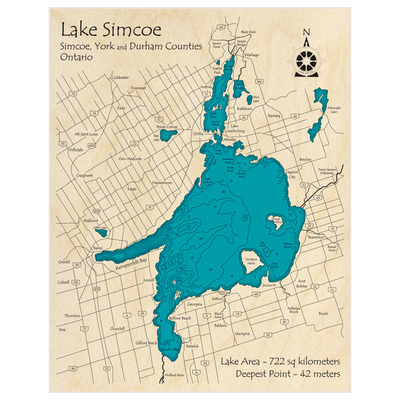 Bathymetric topo map of Lake Simcoe (measurements in meters) with roads, towns and depths noted in blue water