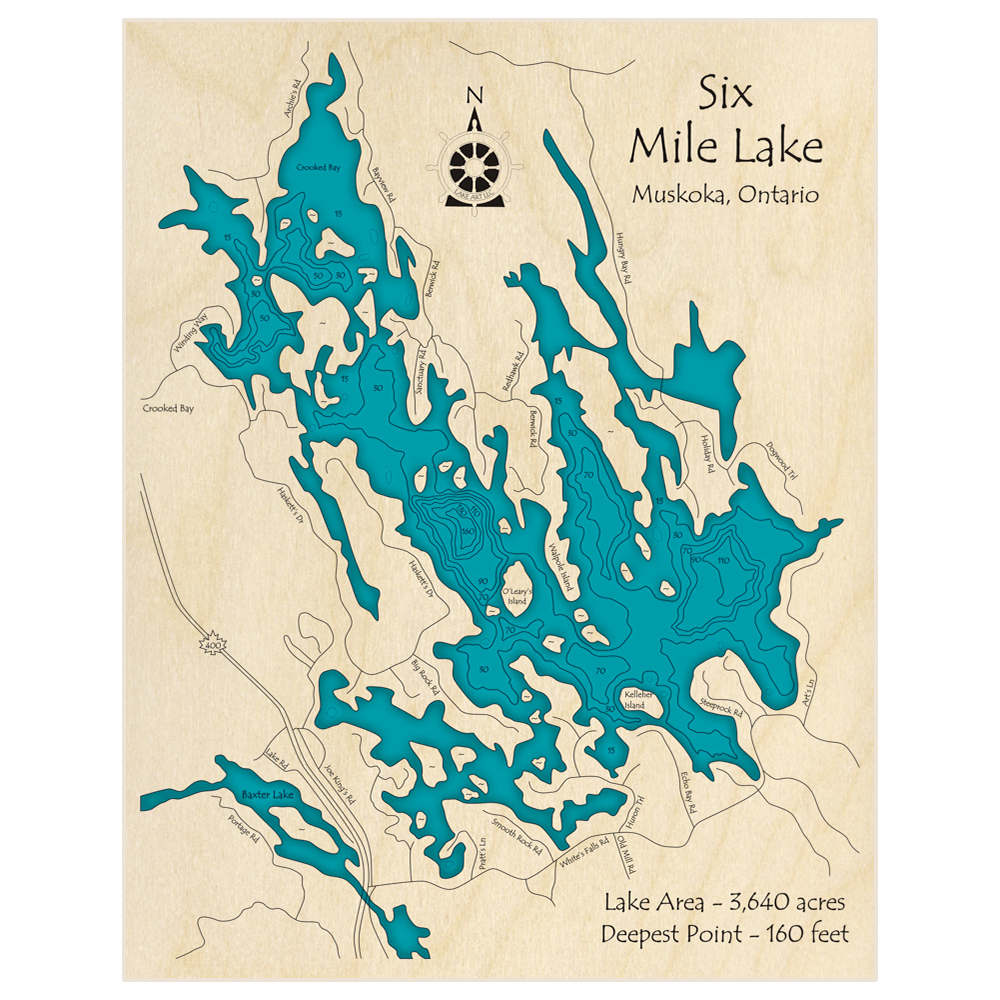 Bathymetric topo map of Six Mile Lake with roads, towns and depths noted in blue water