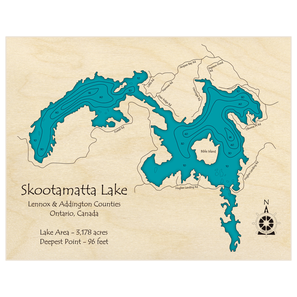 Bathymetric topo map of Skootamatta Lake with roads, towns and depths noted in blue water