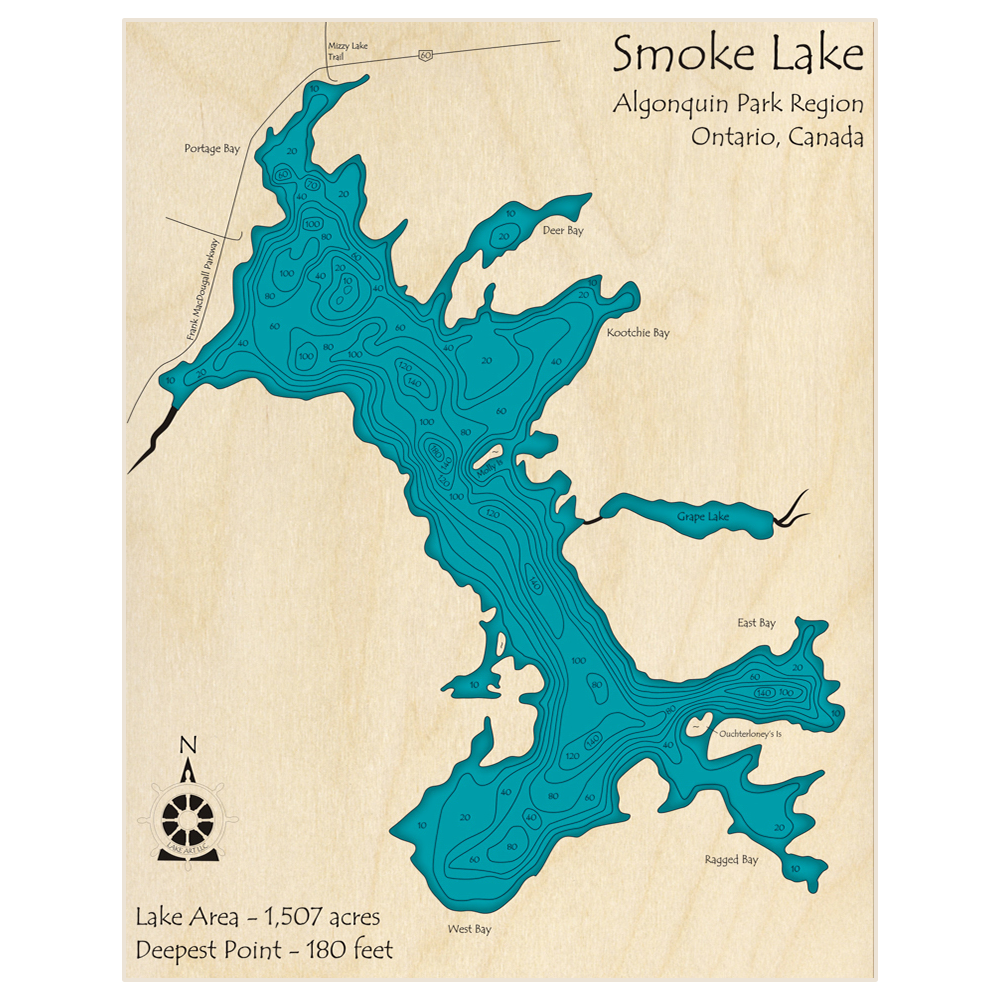Bathymetric topo map of Smoke Lake with roads, towns and depths noted in blue water