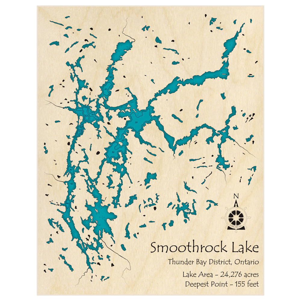 Bathymetric topo map of Smoothrock Lake with roads, towns and depths noted in blue water