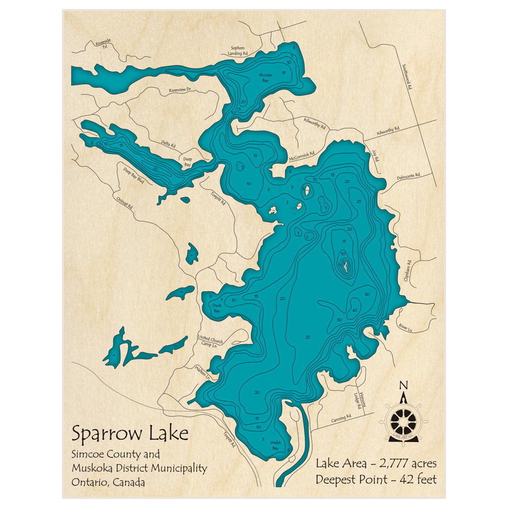 Bathymetric topo map of Sparrow Lake with roads, towns and depths noted in blue water