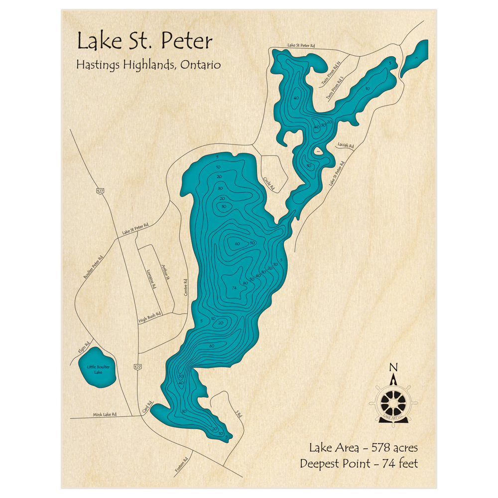 Bathymetric topo map of Lake St Peter with roads, towns and depths noted in blue water