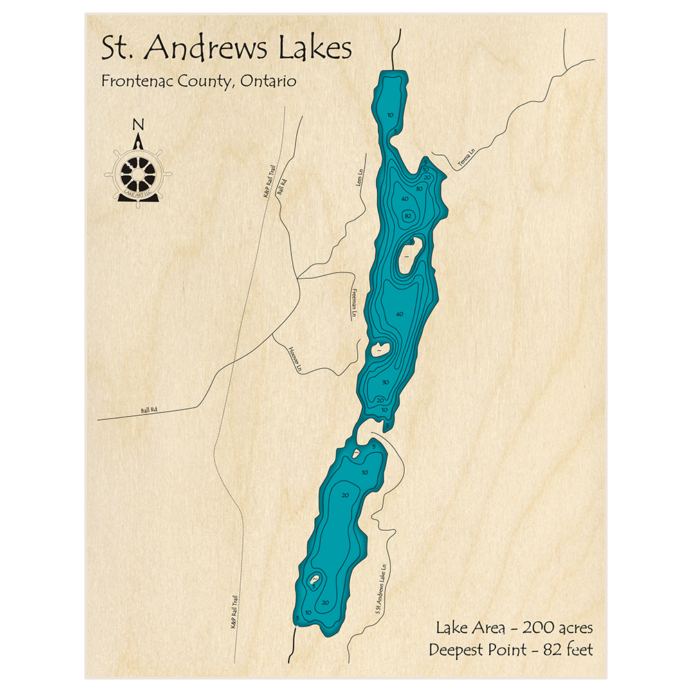 Bathymetric topo map of St Andrews Lakes with roads, towns and depths noted in blue water
