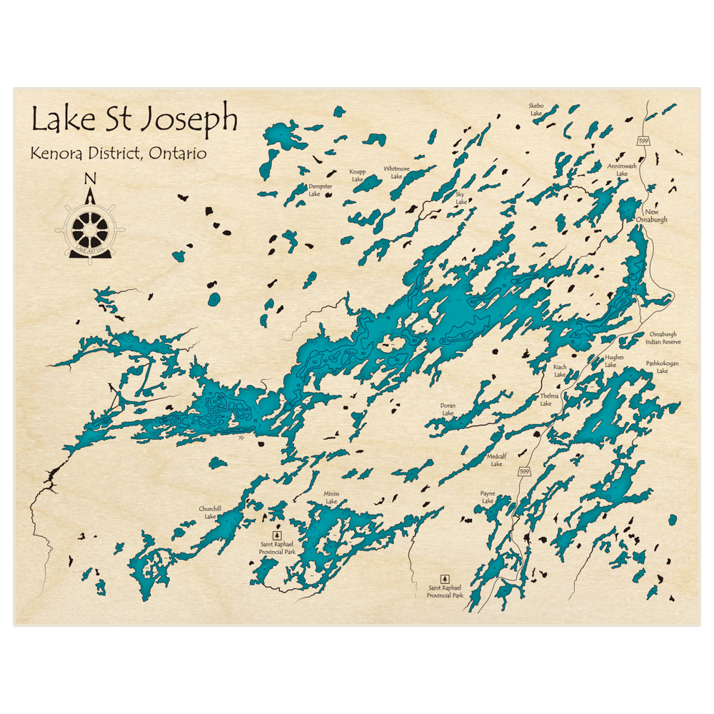 Bathymetric topo map of Lake St Joseph with roads, towns and depths noted in blue water