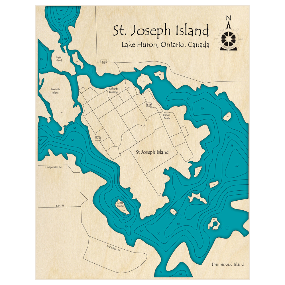 Bathymetric topo map of St Joseph Island with roads, towns and depths noted in blue water