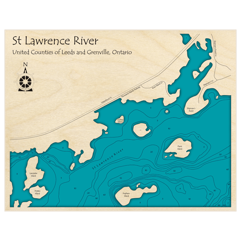 Bathymetric topo map of St Lawrence River (Zoomed in at Scobea Popham and Davis Islands) with roads, towns and depths noted in blue water