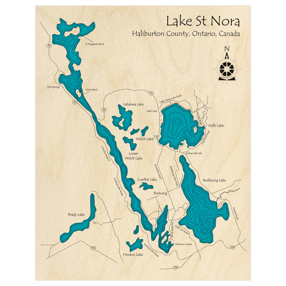 Bathymetric topo map of Lake St Nora (entire lake with Boshkung and Halls)  with roads, towns and depths noted in blue water