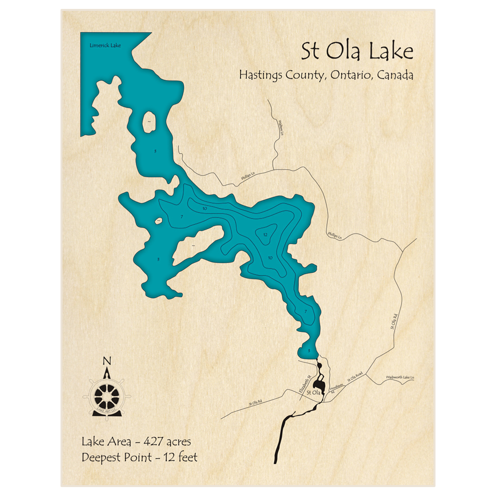 Bathymetric topo map of St Ola Lake with roads, towns and depths noted in blue water