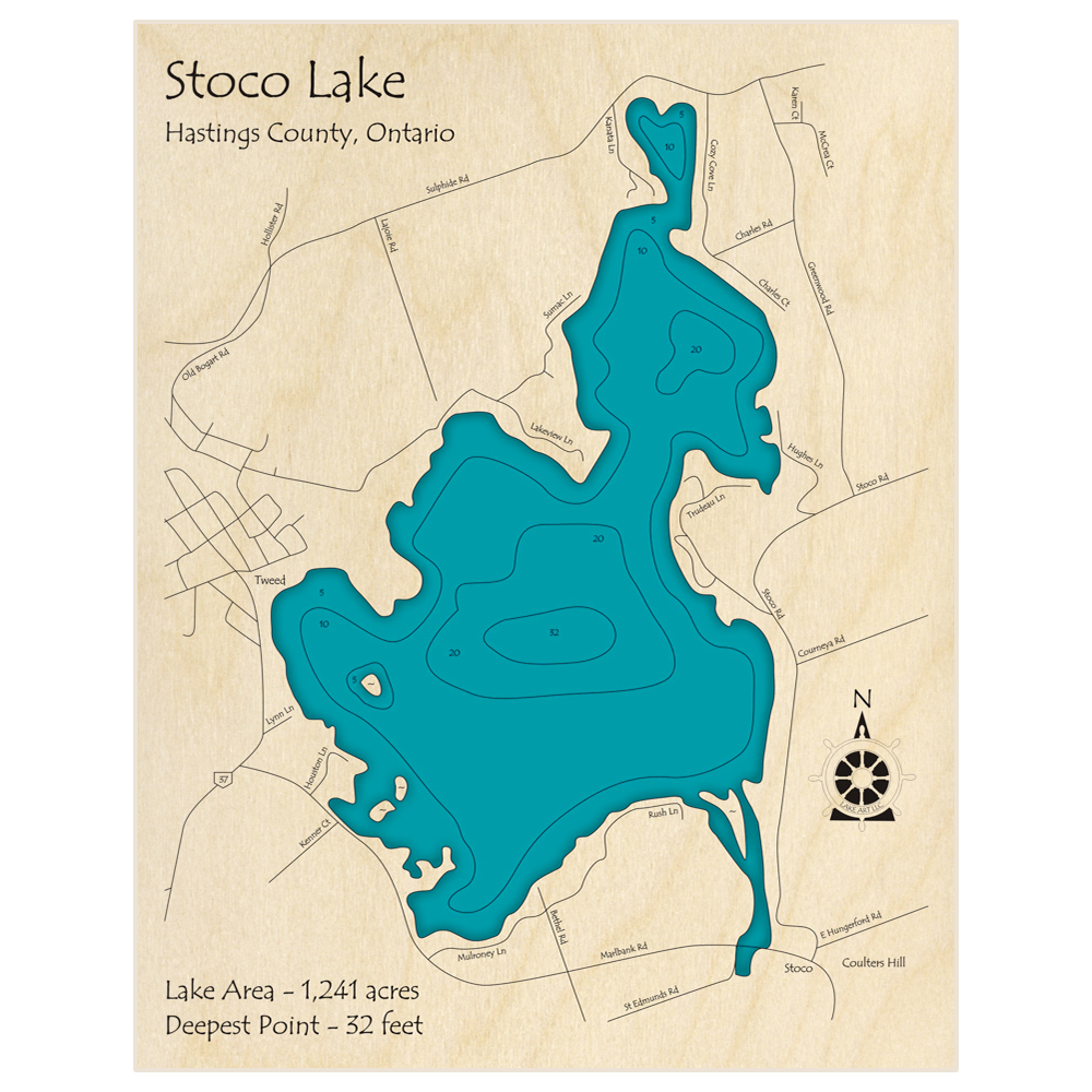 Bathymetric topo map of Stoco Lake with roads, towns and depths noted in blue water