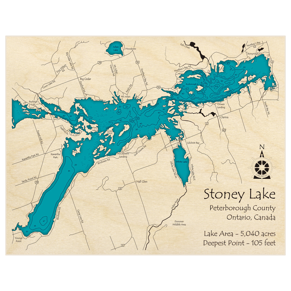 Bathymetric topo map of Stoney Lake     with roads, towns and depths noted in blue water