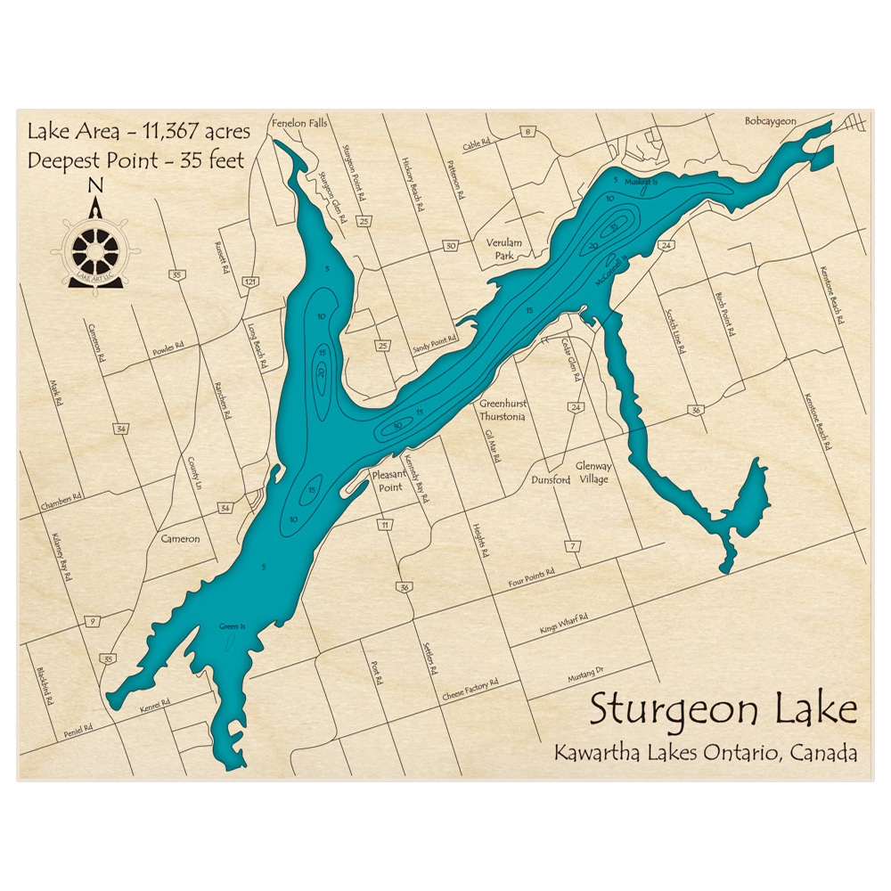 Bathymetric topo map of Sturgeon Lake with roads, towns and depths noted in blue water