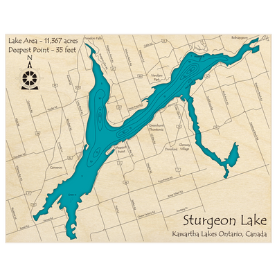 Bathymetric topo map of Sturgeon Lake with roads, towns and depths noted in blue water