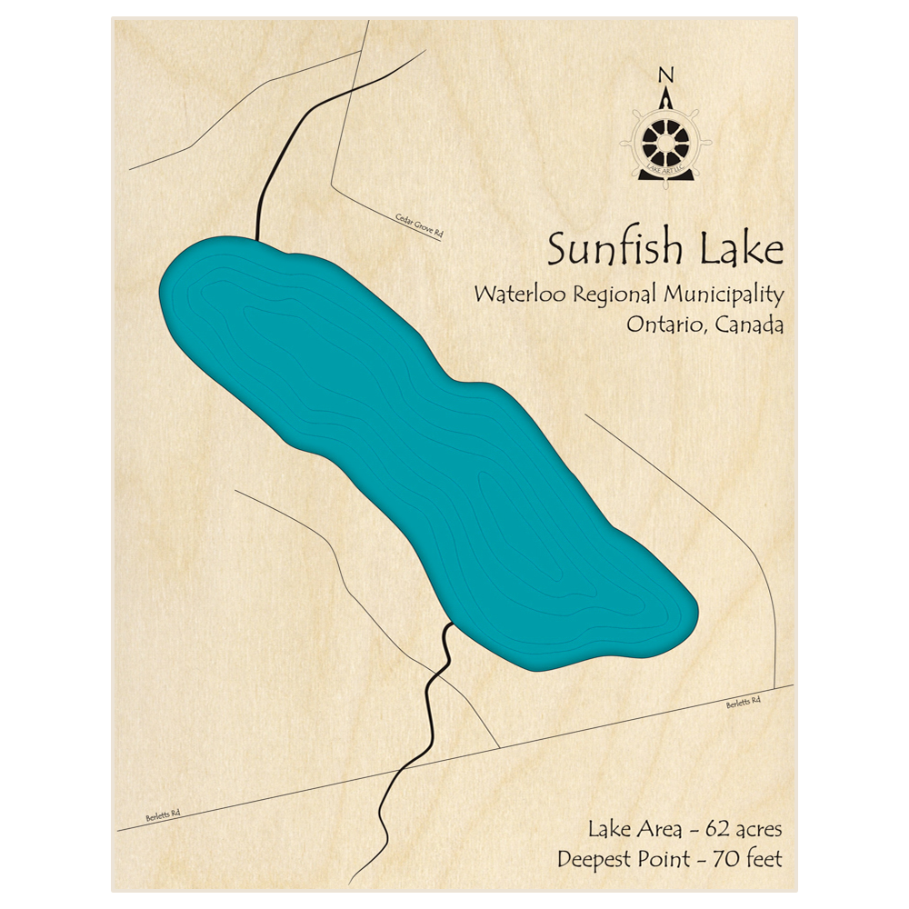 Bathymetric topo map of Sunfish Lake  with roads, towns and depths noted in blue water