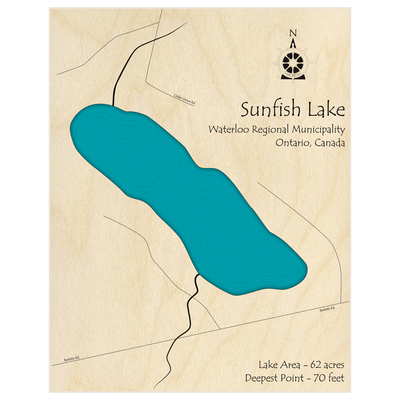 Bathymetric topo map of Sunfish Lake  with roads, towns and depths noted in blue water
