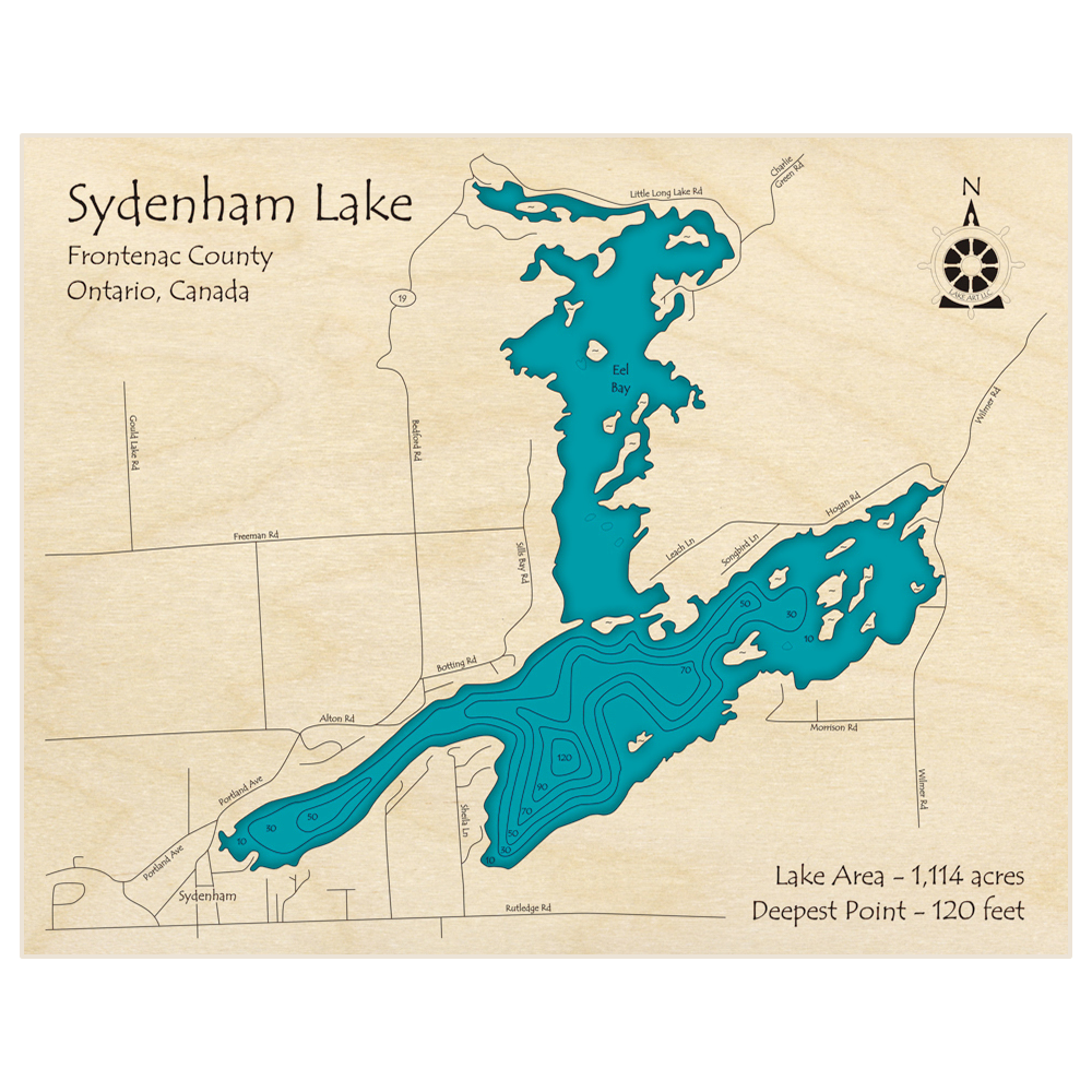 Bathymetric topo map of Sydenham Lake with roads, towns and depths noted in blue water