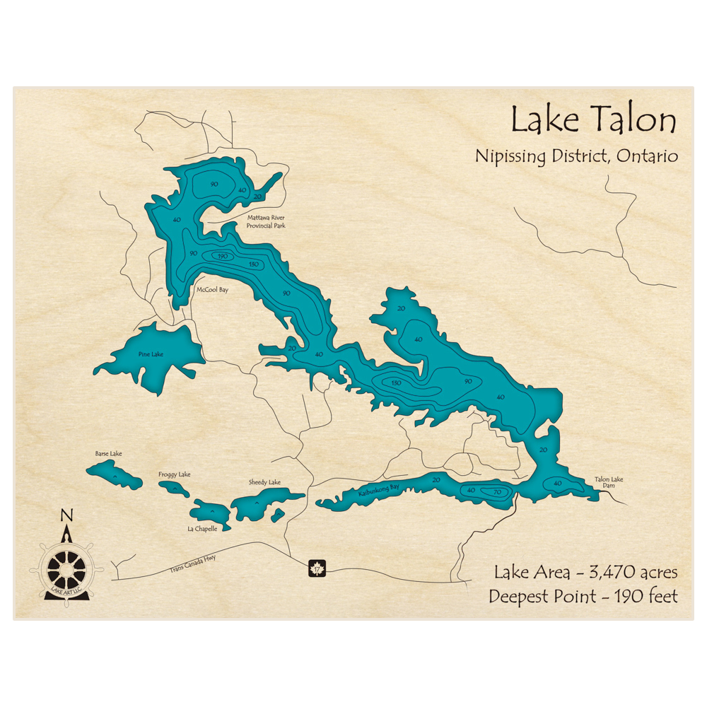 Bathymetric topo map of Lake Talon with roads, towns and depths noted in blue water