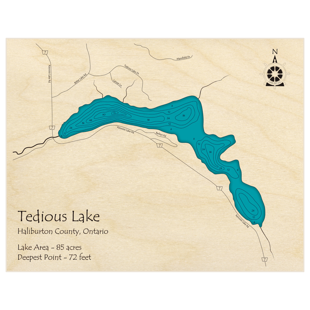 Bathymetric topo map of Tedious Lake with roads, towns and depths noted in blue water