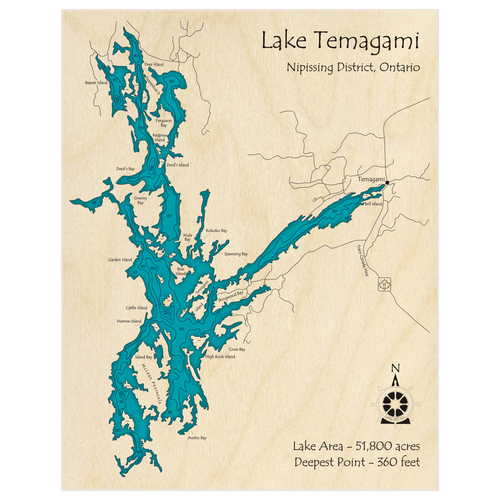 Bathymetric topo map of Lake Temagami with roads, towns and depths noted in blue water