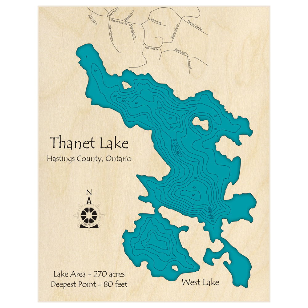 Bathymetric topo map of Thanet Lake with roads, towns and depths noted in blue water