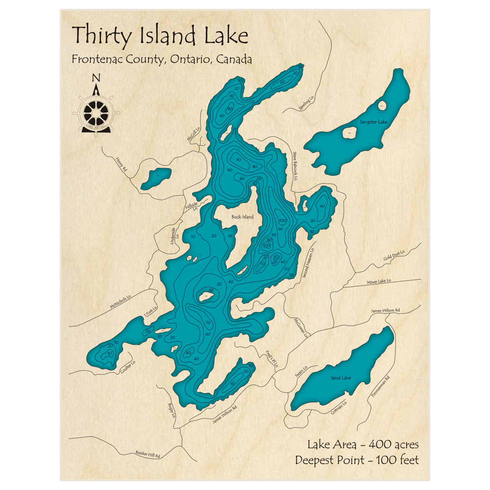 Bathymetric topo map of Thirty Island Lake with roads, towns and depths noted in blue water