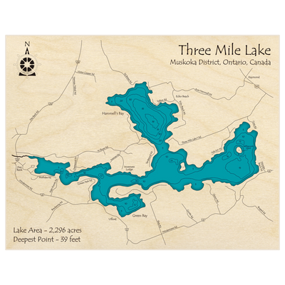 Bathymetric topo map of Three Mile Lake with roads, towns and depths noted in blue water