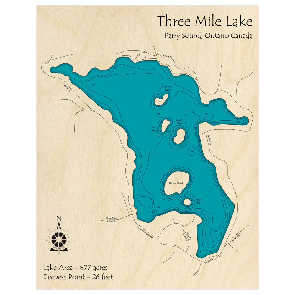Bathymetric topo map of Three Mile Lake with roads, towns and depths noted in blue water